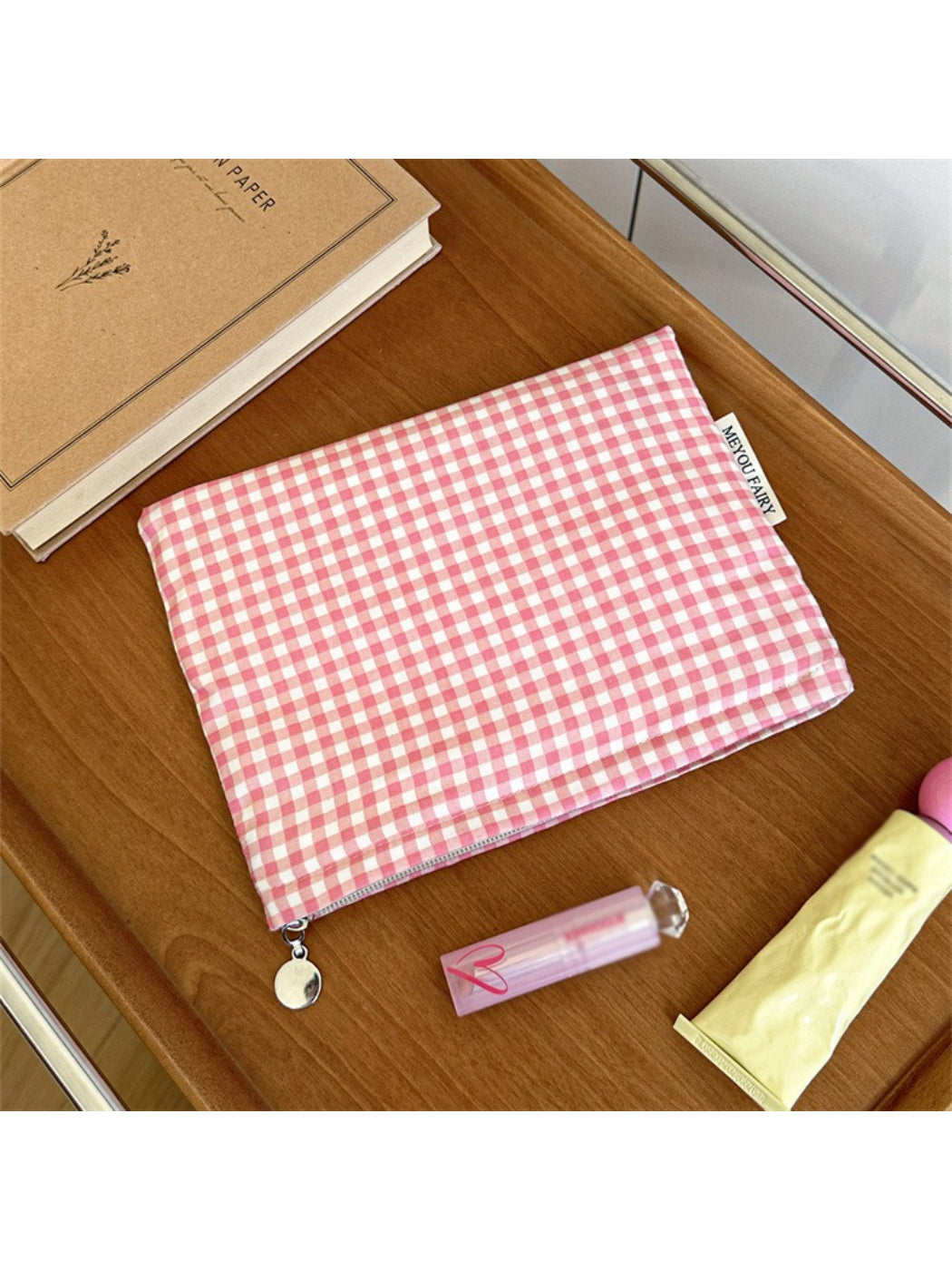 Cosbai Candy Check Makeup Bag with colorful pastel squares in a grid layout