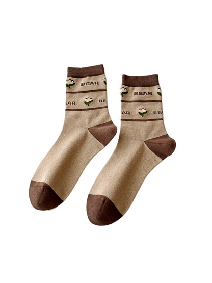 Rufia - Cartoon Bear Plaid Mid-Calf Socks