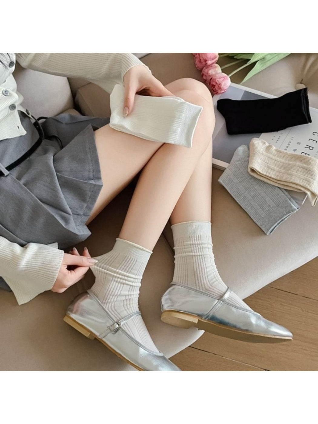 Rufia - Solid Colour Ribbed Crew Socks