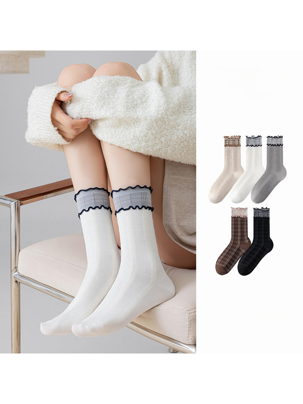 Rufia - Plaid Ruffle Trim Casual Crew Socks