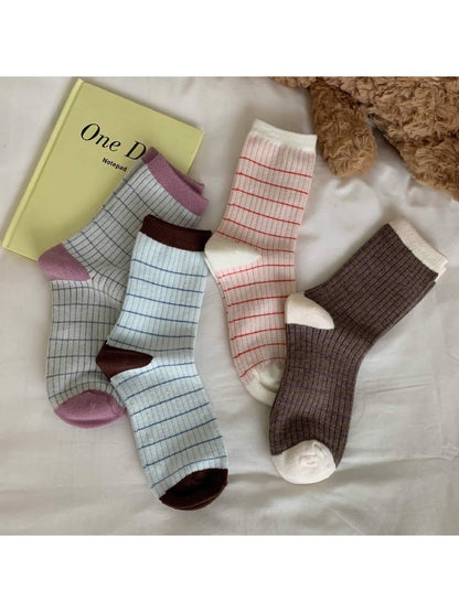 Rufia - Striped Contrast Trim Casual Crew Socks