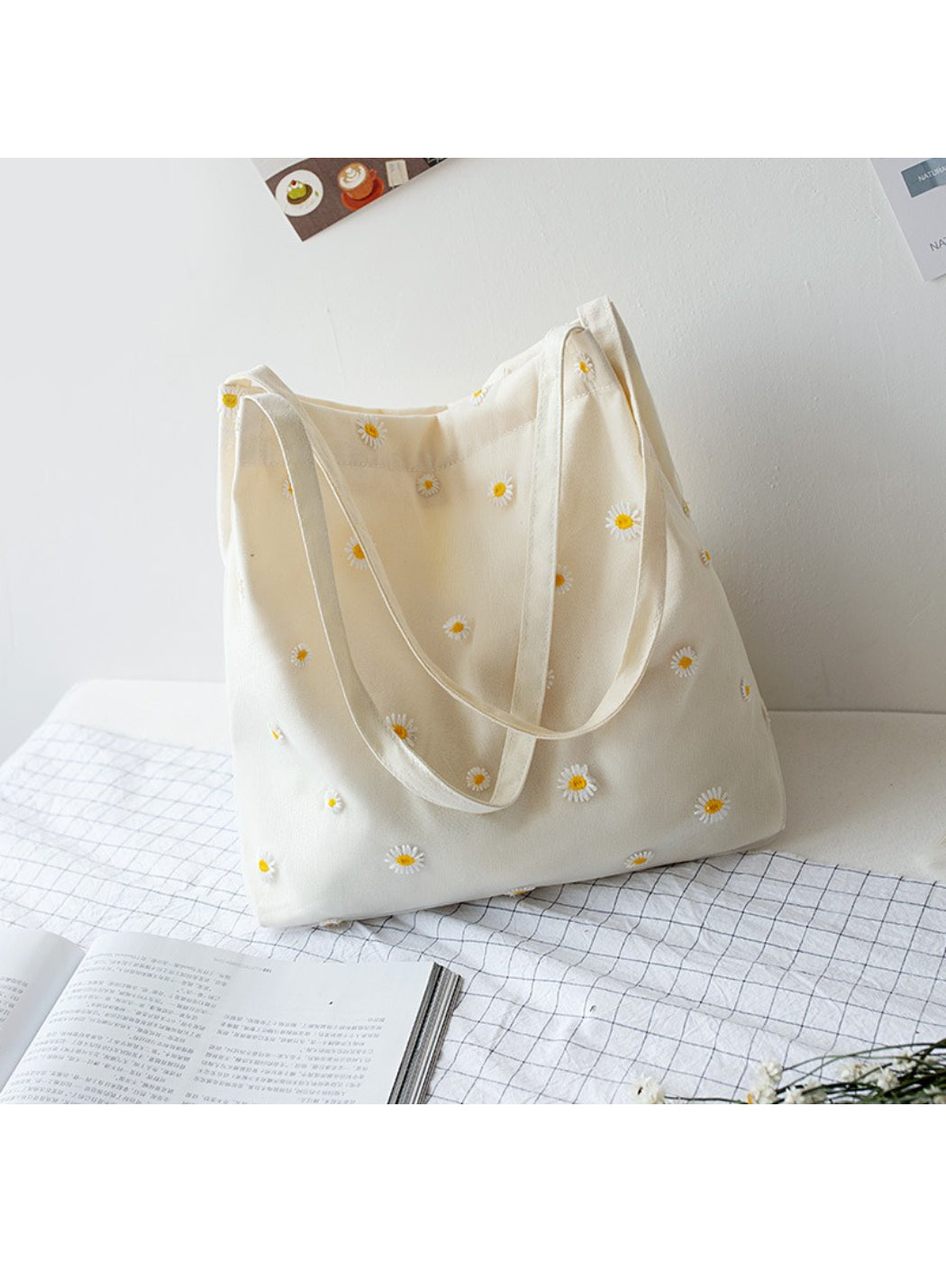 Cosbai - Daisy Embroidery Soft Shoulder Tote Bag