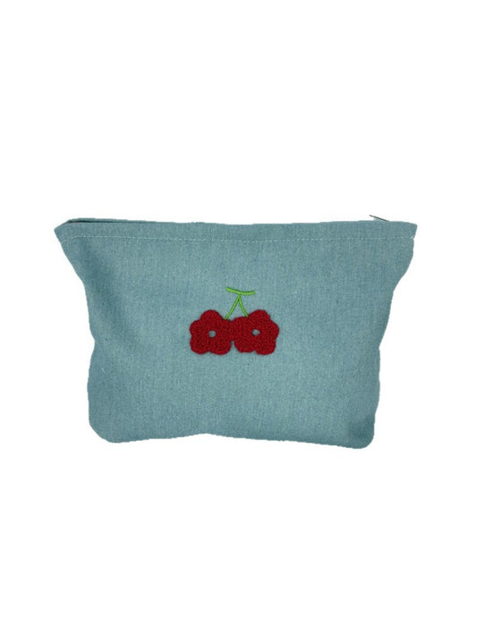 Cosbai – Denim Cherry Embroidered Mini Makeup Bag
