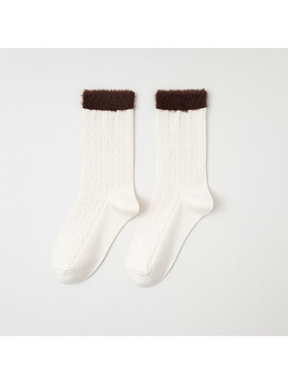 Rufia - Contrast Cuff Textured Casual Crew Socks