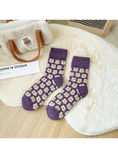 Rufia purple floral pattern crew socks flat lay