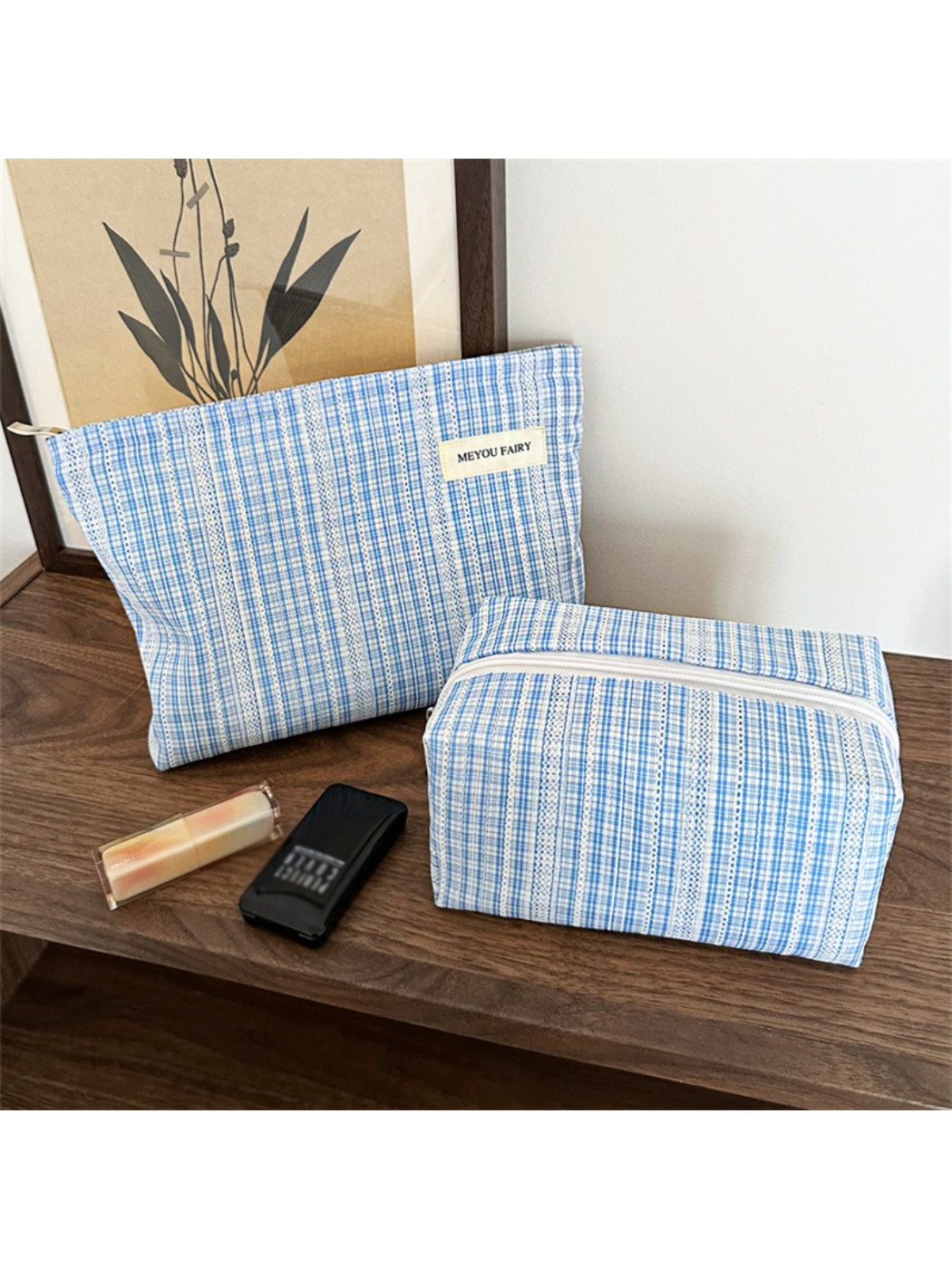 Cosbai blue check cosmetic bag with a rectangular shape on a white background