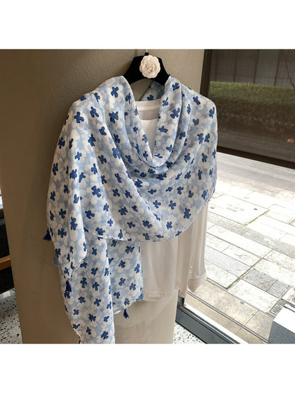 Scarvii - Floral Plain Weave Tassel Edge Shawl