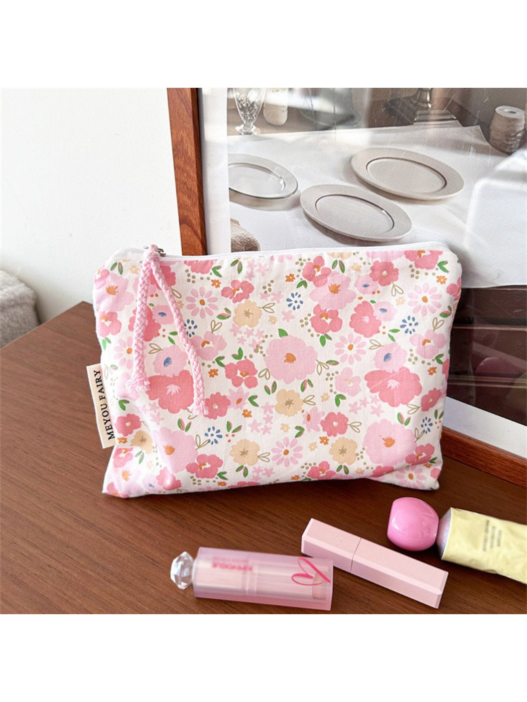 Side view of Cosbai floral cartoon cosmetic bag highlighting the colorful floral cartoon pattern