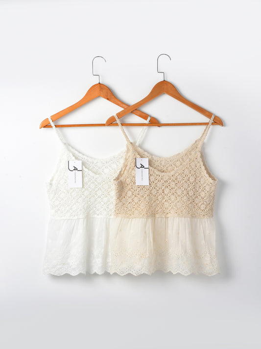 Vesty - Lace-Knit V-Neck Cami Top - White & Beige