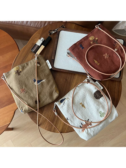 Cosbai - Vertical Square Embroidered Crossbody Bag