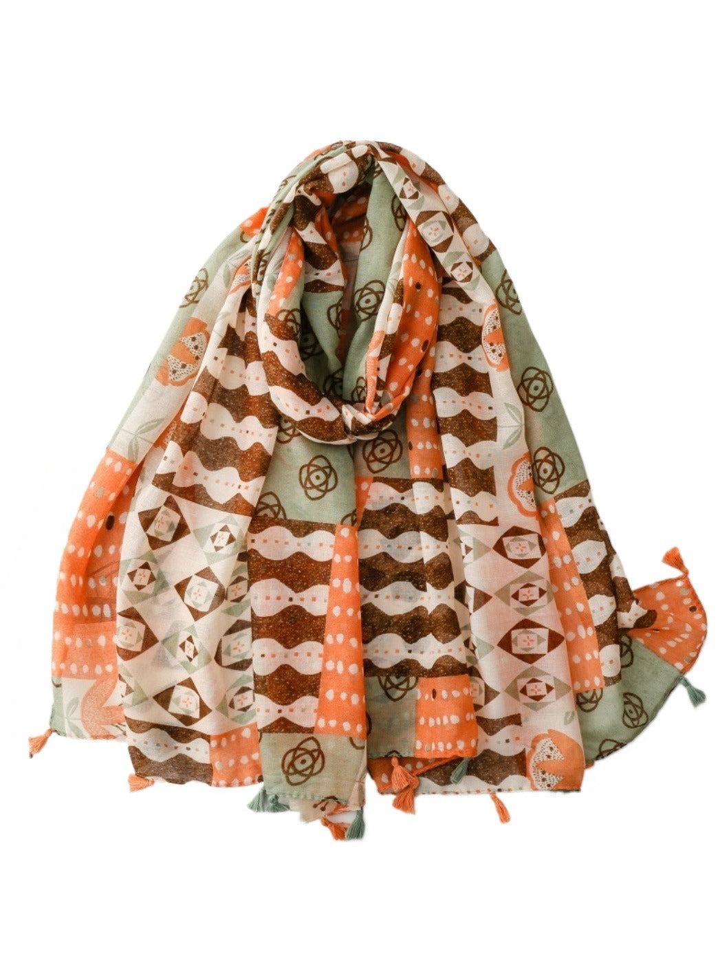 Scarvii boho geometric scarf with tassels draped on a wooden hanger