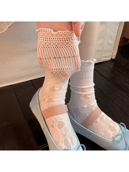 Rufia - Ruffle Edge Floral Knit Crew Socks