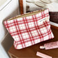 Cosbai red plaid cosmetic bag standing upright with visible zipper on top