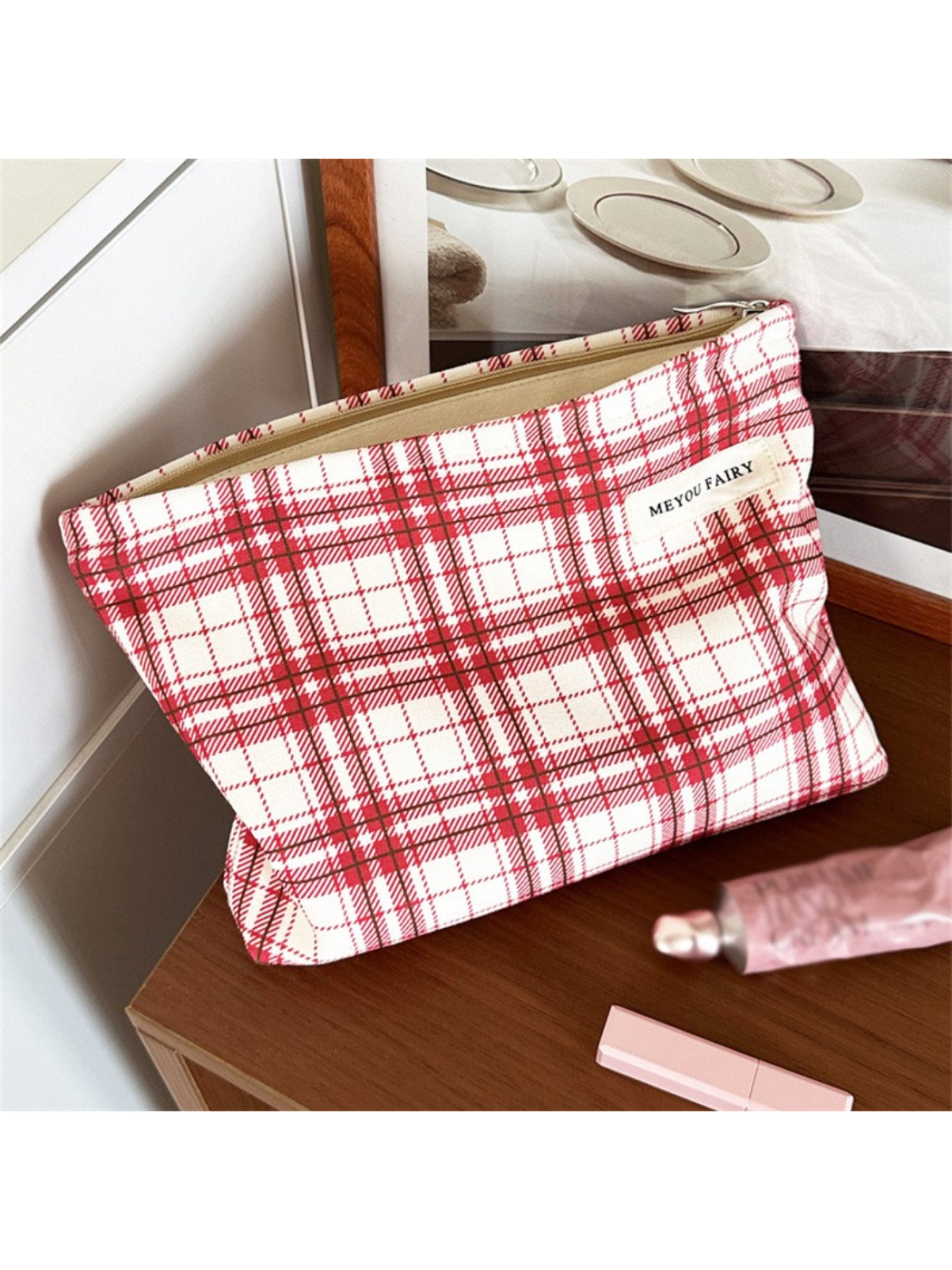 Cosbai red plaid cosmetic bag standing upright with visible zipper on top