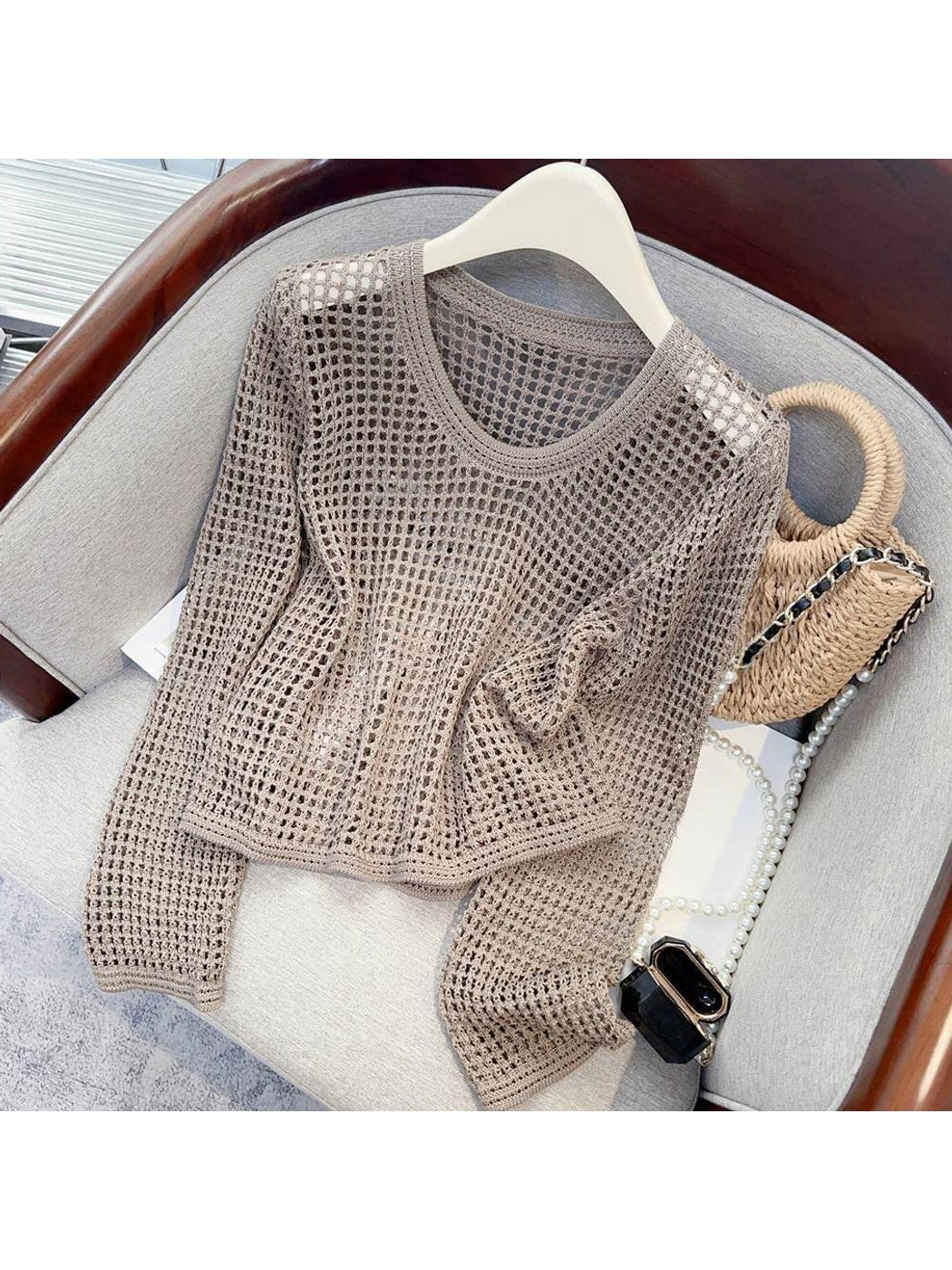 Crosa - Loose Fit Openwork Long Sleeve Pullover Top