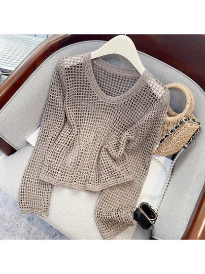 Crosa - Loose Fit Openwork Long Sleeve Pullover Top