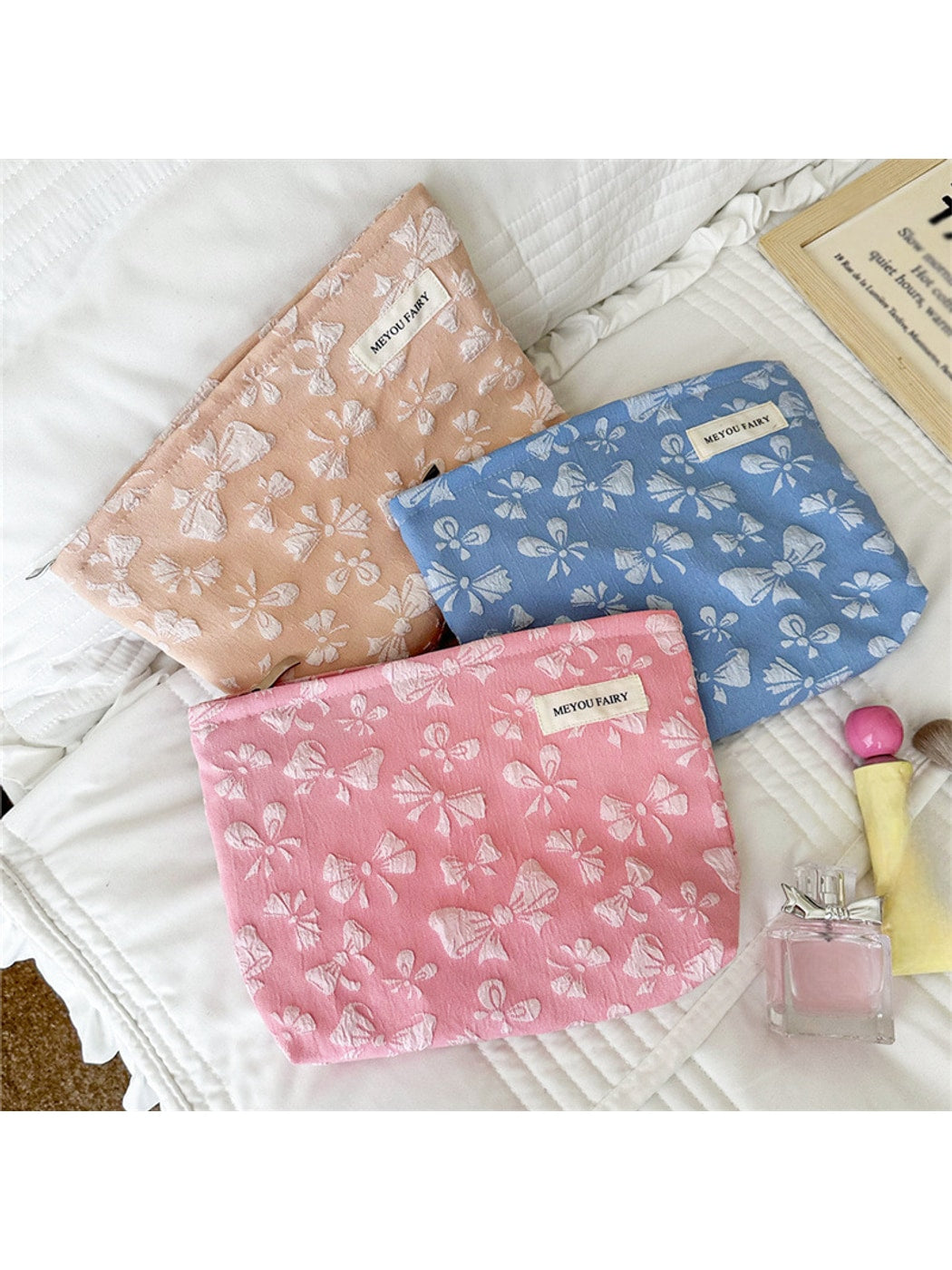 Cosbai - Floral Bow Zipper Cosmetic Organizer Bag