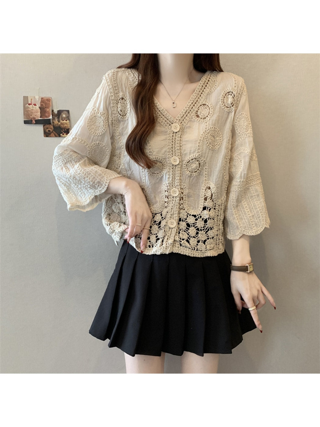 Crosa - Lace Hollow Out V Neck Knit Style Cardigan