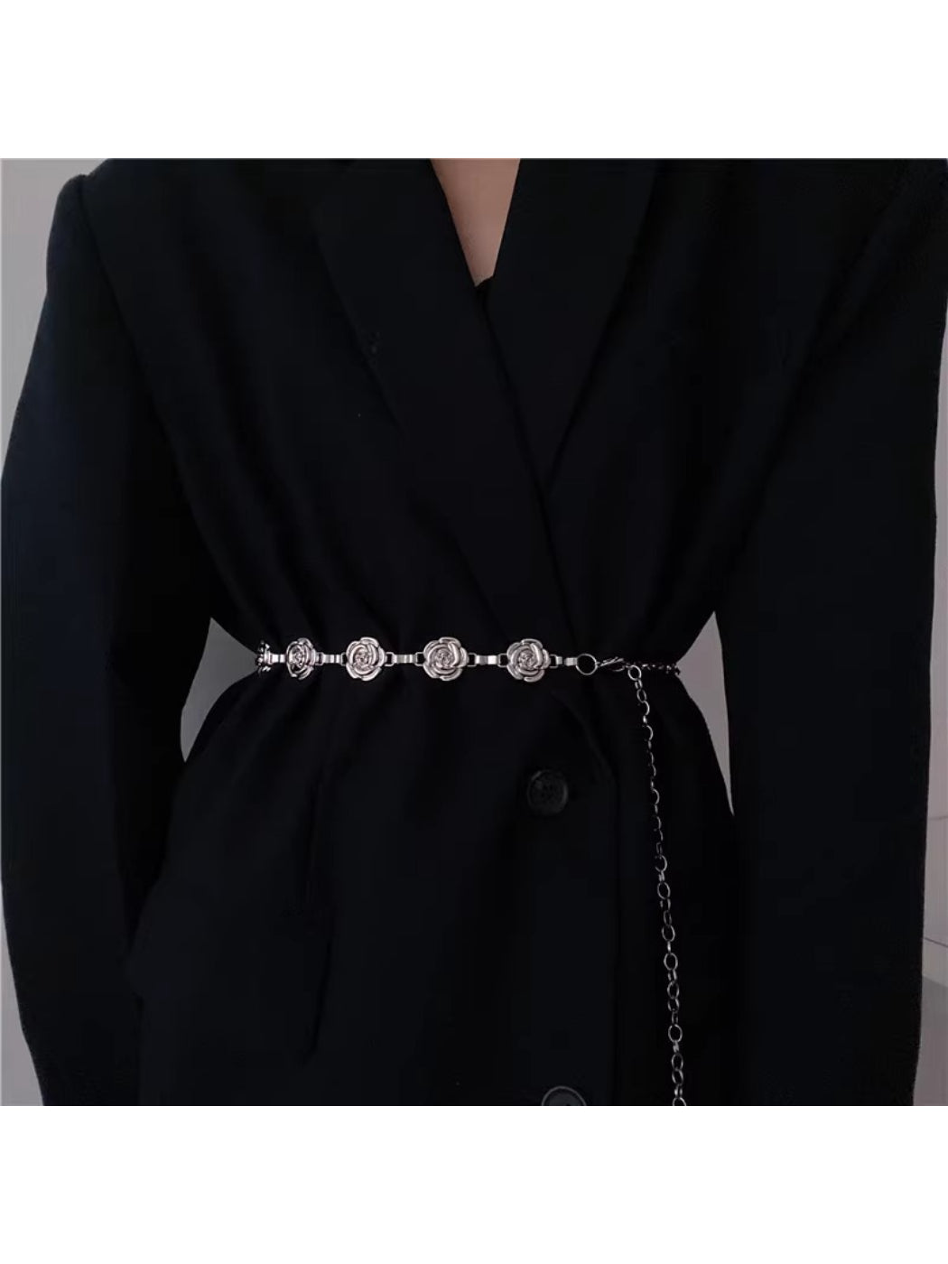 Side view of Beco Rose Detail Chain Waist Belt on model highlighting chain links