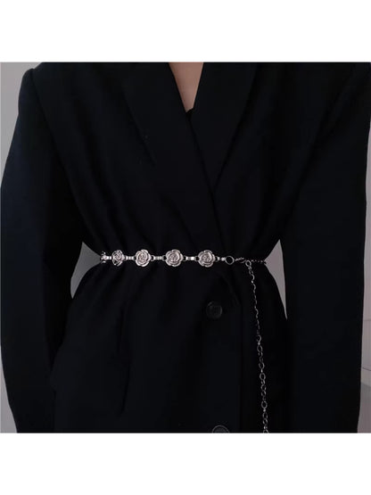 Side view of Beco Rose Detail Chain Waist Belt on model highlighting chain links