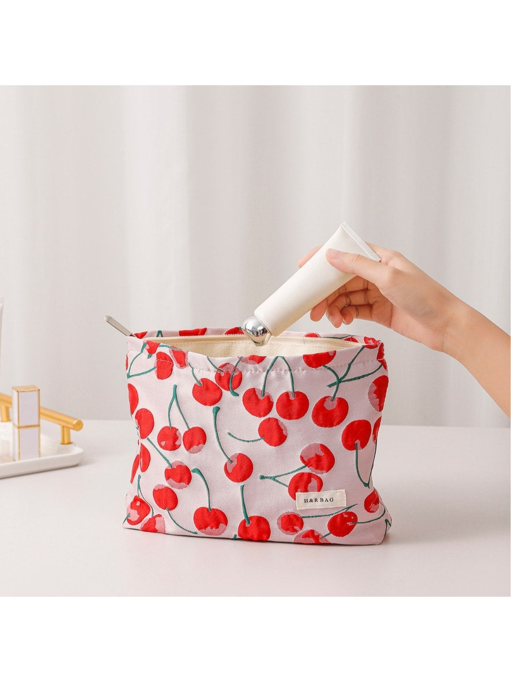 Cosbai - Red Cherry Print Handheld Makeup Bag