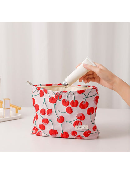 Cosbai - Red Cherry Print Handheld Makeup Bag