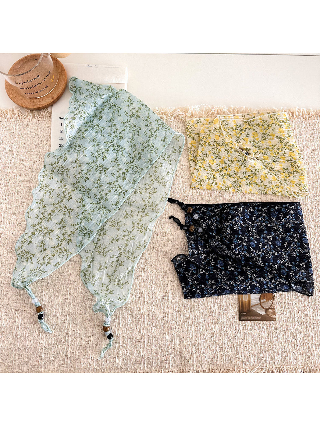 Scarvii - Floral Print Beaded Tie Scarf