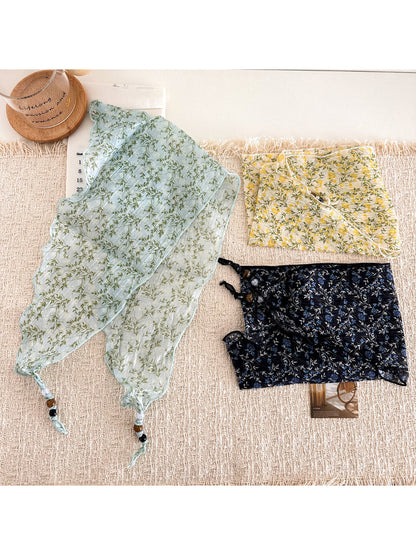 Scarvii - Floral Print Beaded Tie Scarf