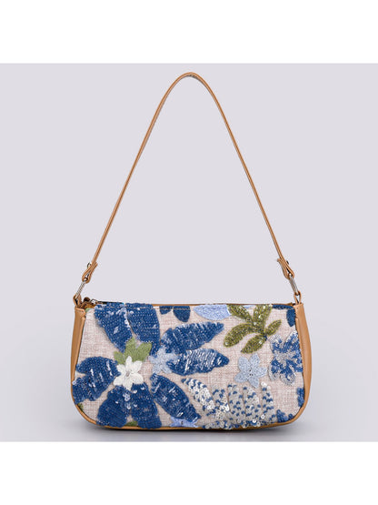 Cosbai Floral Sequin Shoulder Bag displayed on a white surface with chain strap extended