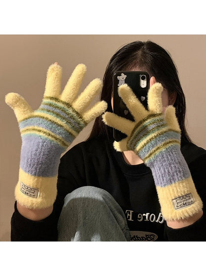 Gloving - Plush Stripe Finger-Opening Winter Gloves
