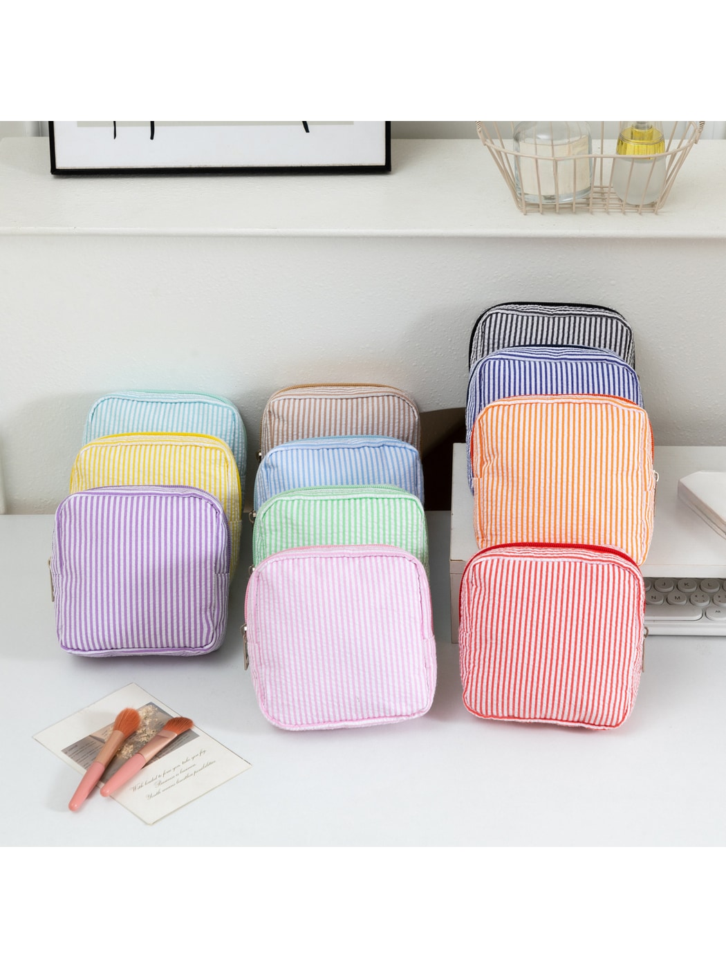 Cosbai - Pinstripes Zipper Cosmetic Organizer Bag