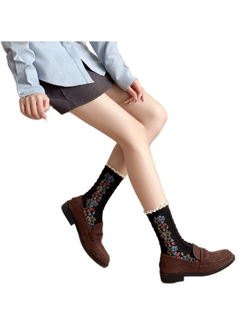 Rufia - Lace Trim Colorful Floral Crew Socks