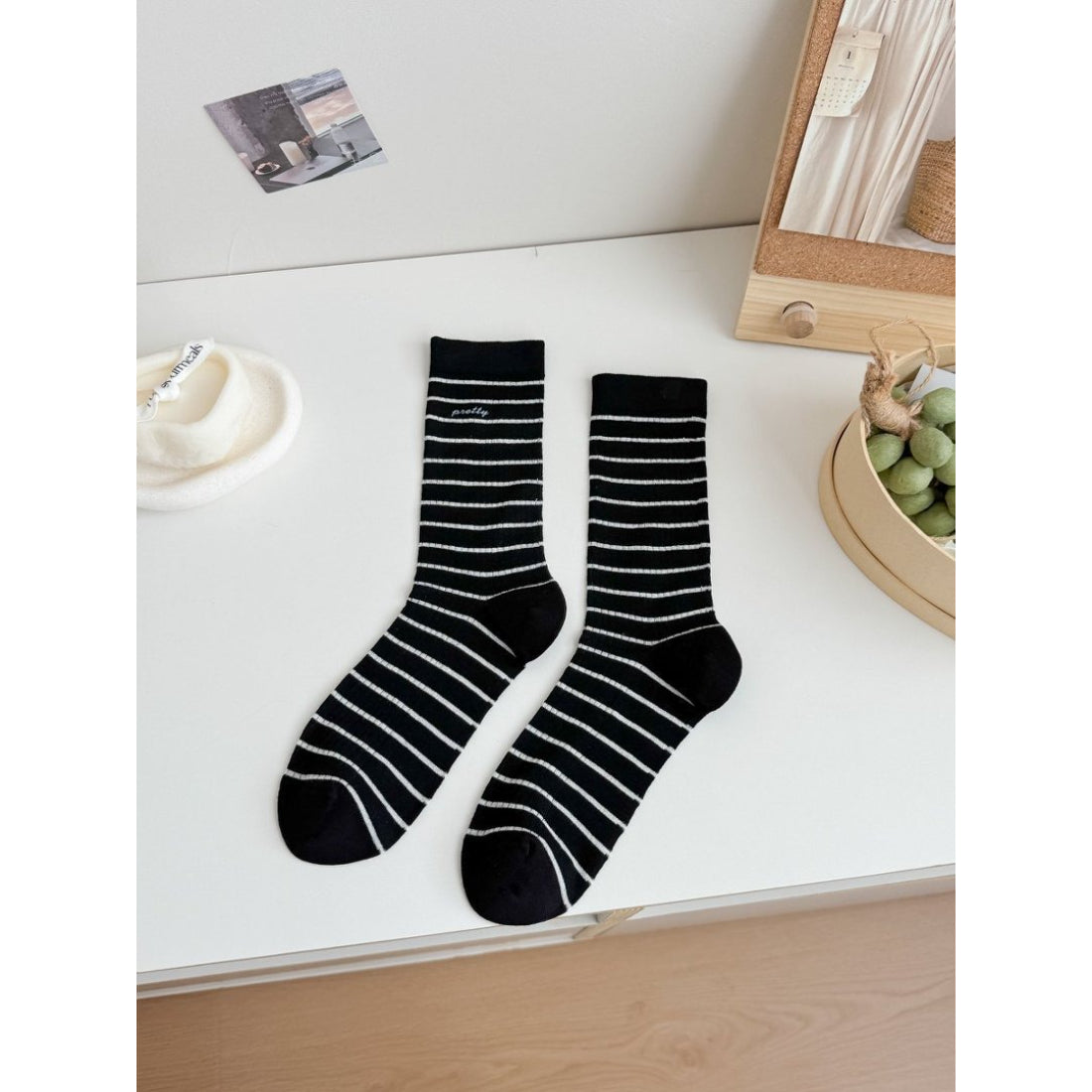 Rufia Pretty Fine Stripe Crew Socks displayed flat with visible toe and heel details