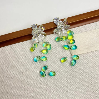 Earwish - Dreamy White Floral & Green Beads Fringe Earrings