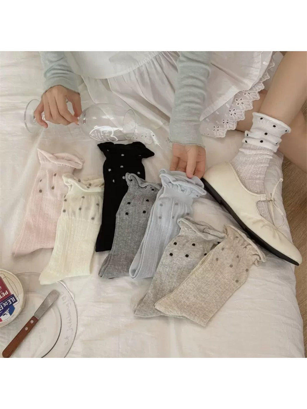 Rufia ruffle mesh dot mid-calf socks displayed flat showing dot pattern and ruffle trim