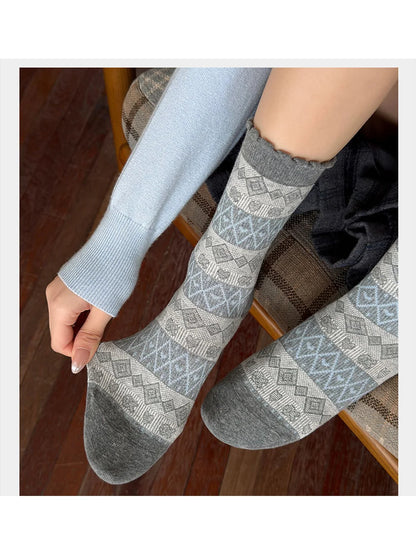 Rufia - Patterned Ribbed Cuff Crew Socks