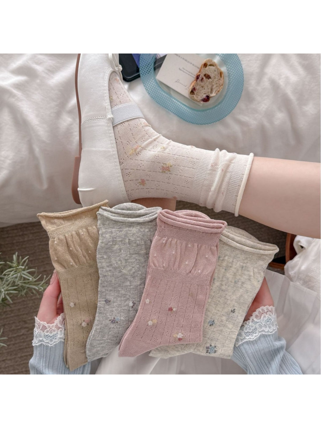Rufia Ruffle Mesh Floral Mid Calf Socks product image