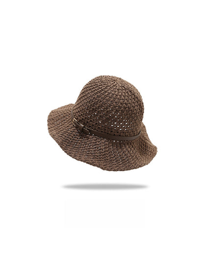 Haila - Solid Color Wide Brim Belt Decoration Bucket Hat
