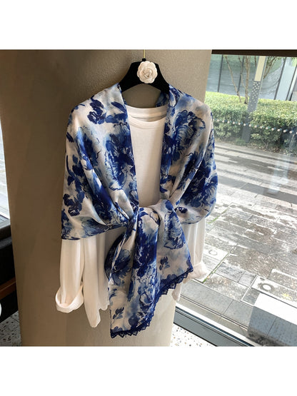 Scarvii - Blue Floral Rectangular Shawl Scarf