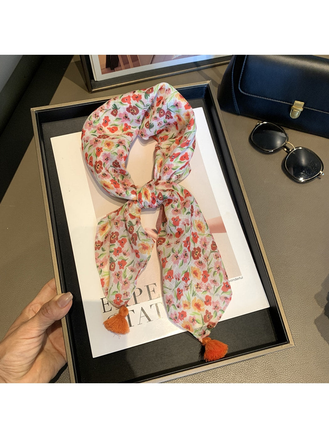Scarvii - Floral Print Tassel Design Square Scarf