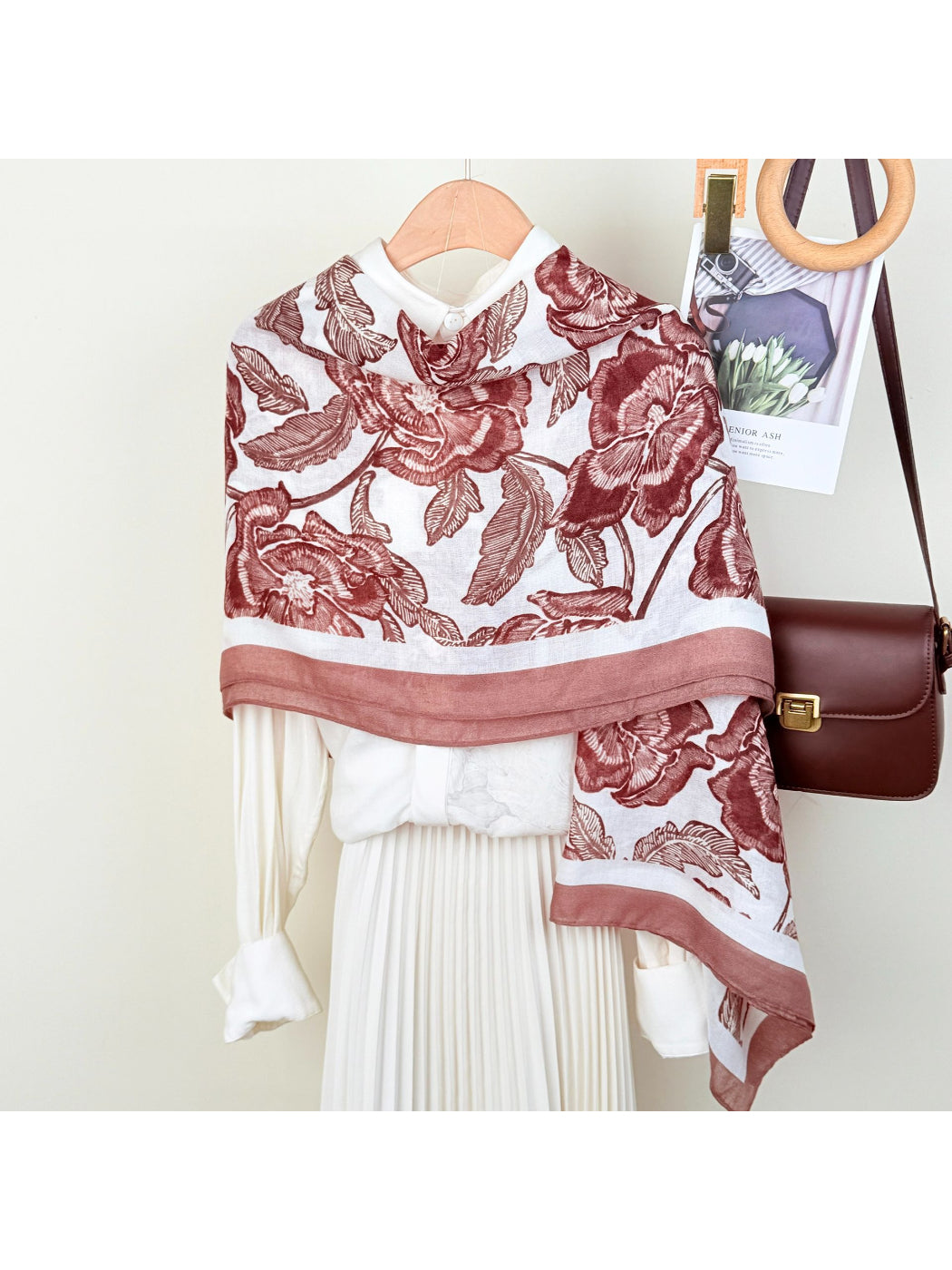 Close-up of floral pattern on Scarvii wrap scarf showing detailed flowers and leaves