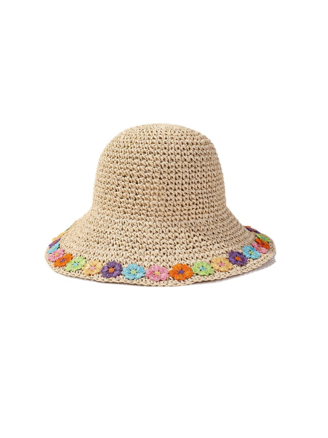 Close-up of rainbow daisy print on the edge of Haila sun hat brim