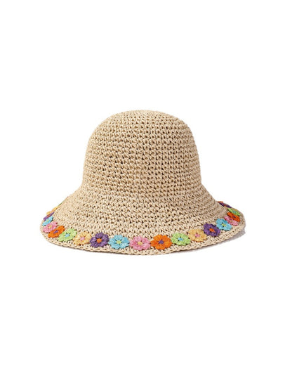 Close-up of rainbow daisy print on the edge of Haila sun hat brim