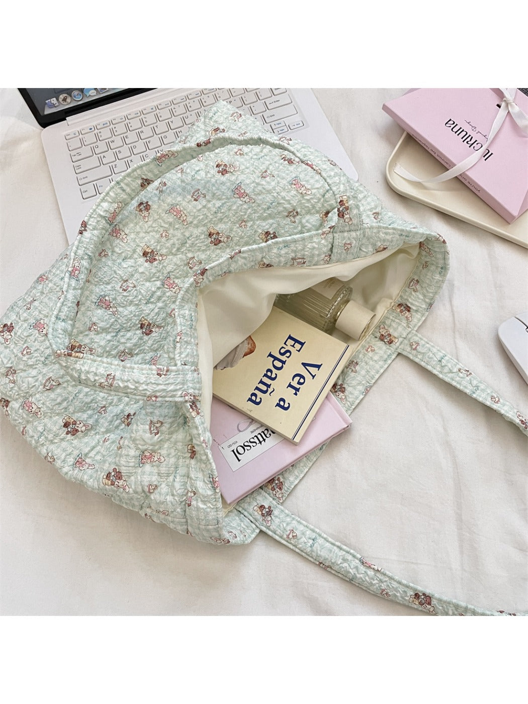 Cosbai - Floral Quilted Tote Bag with Cartoon Pattern
