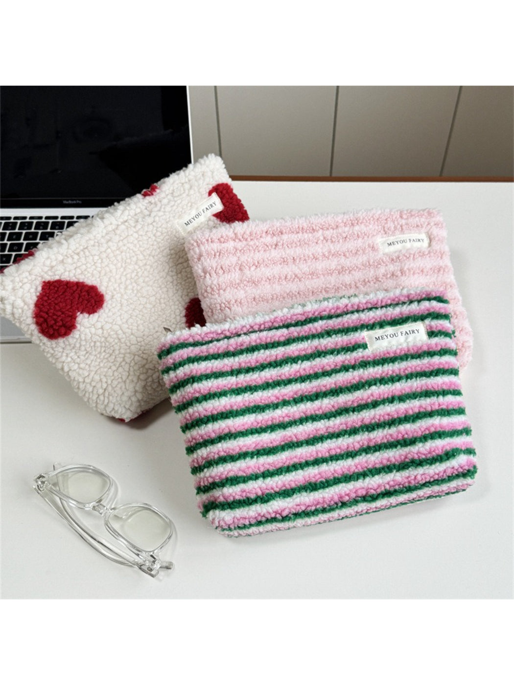 Cosbai - Plush Heart And Stripe Pouch