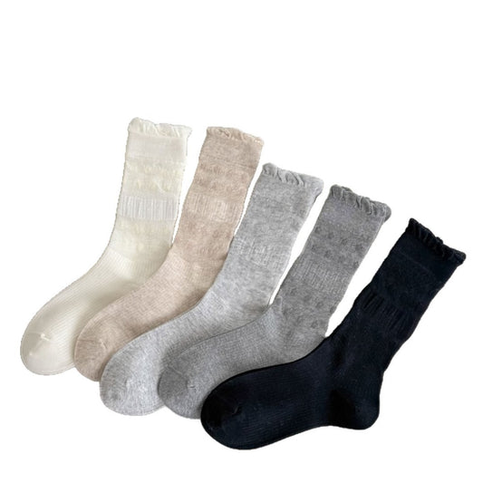 Pair of Rufia floral trim ribbed crew socks in white with pink and green flower embroidery