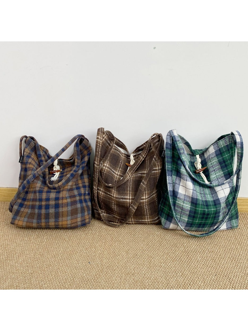 Cosbai – Vintage Plaid Tote with Knotted Detail