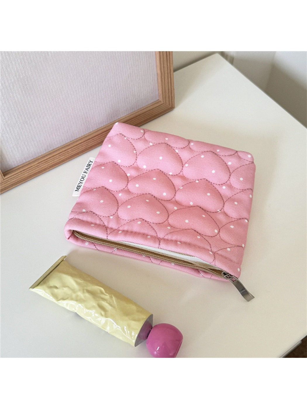 Cosbai - Polka Dots Print Heart Quilted Cosmetic Bag