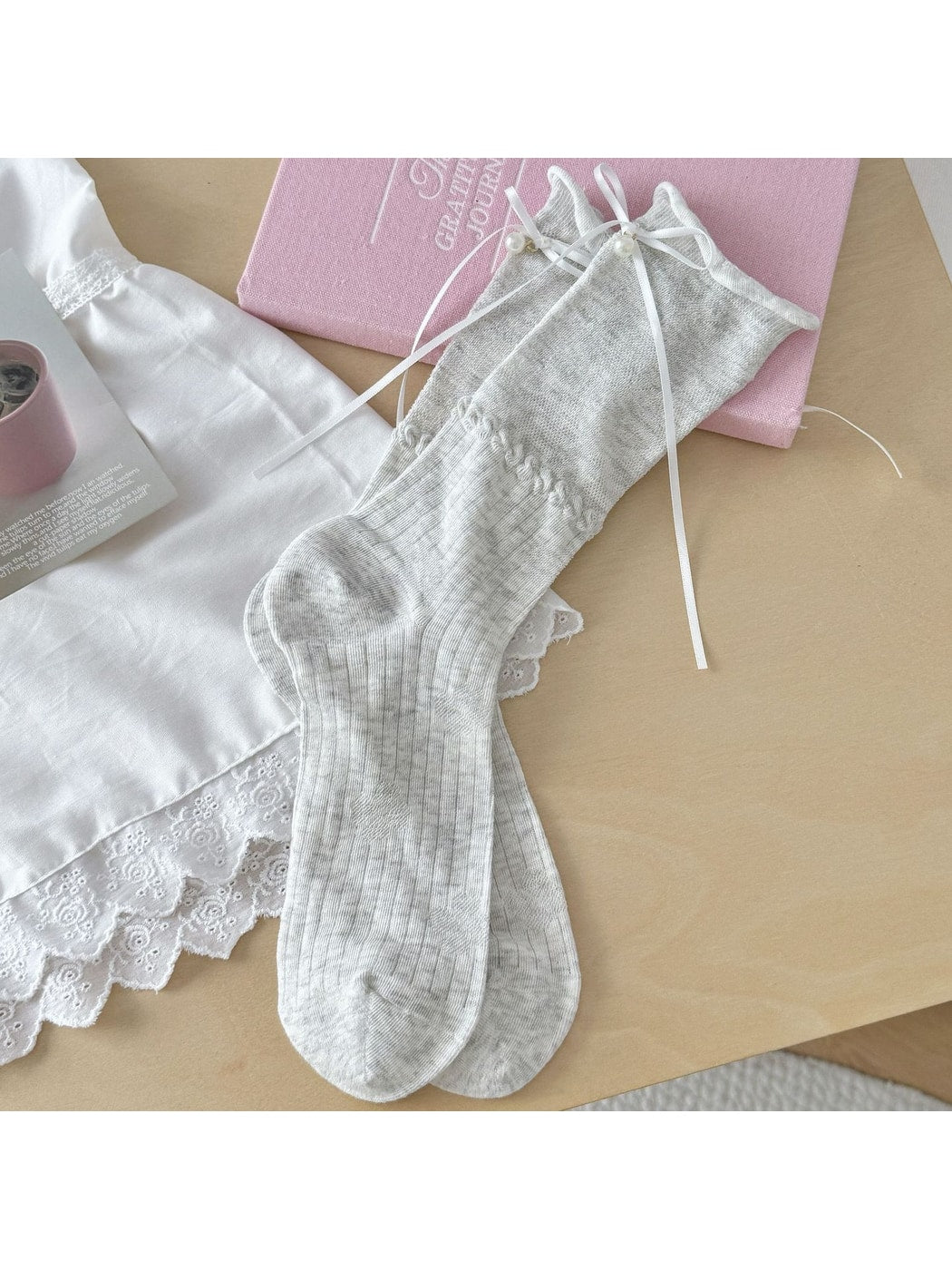 Rufia - Ribbon Bow Detail Rolled Cuffs Crew Socks