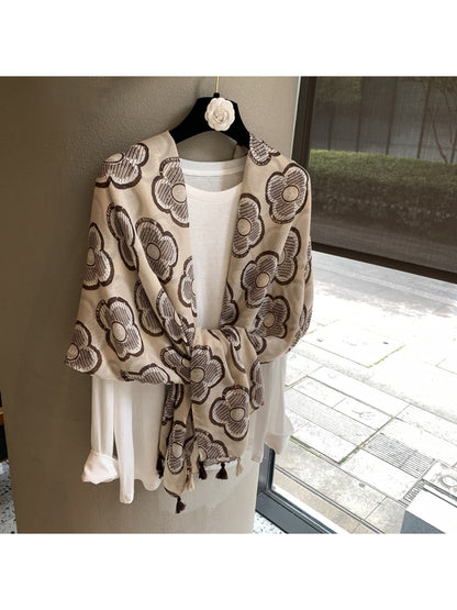 Scarvii - Clover Print Tassel Trim Rectangular Shawl